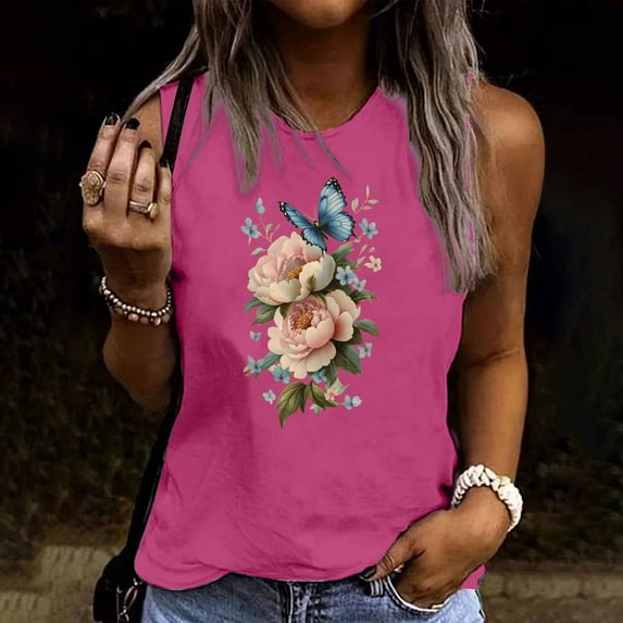 Women's Tops Under $5 Large Summer Casual Round Neck Loose Sleeveless T-Shirt