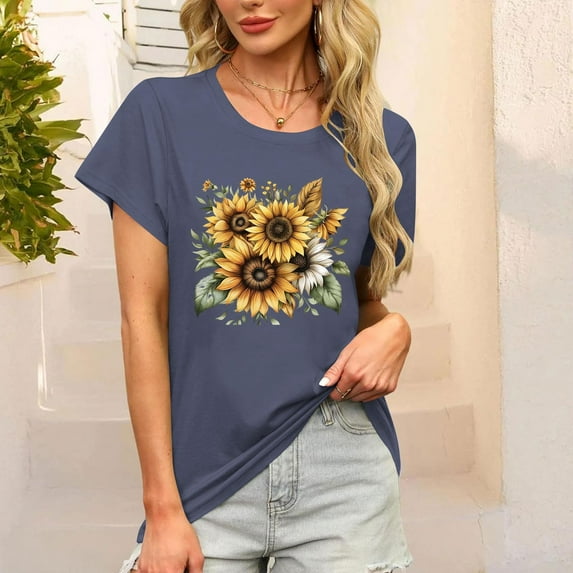 Women's Tops Clearance Under $5 XL Tops Blouses Summer Tunic Tops Short Sleeve Solid Color Loose Round Neck Tees Shirts