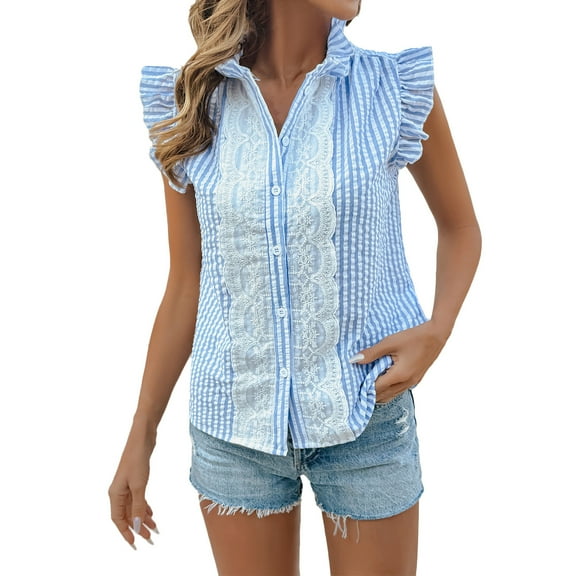 Women's Tops Collared Pleated Ruffle Sleeve Lace Insert Pleated Button down Shirts Summer Fashion Blouses (XL, Blue)