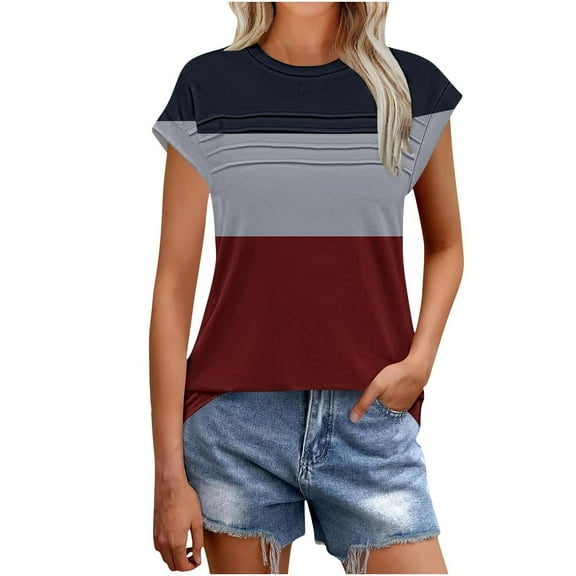 Women's Tops Crew Neck Pleated Cap Sleeve Color Block Tunic Shirts Summer Casual Loose Comfortable Tee (2XL, Red)