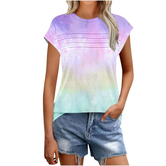 Women's Tops Crew Neck Pleated Cap Sleeve Tie Dye Tunic Shirts Summer Casual Loose Comfortable Tee (S, Multicolor 4)