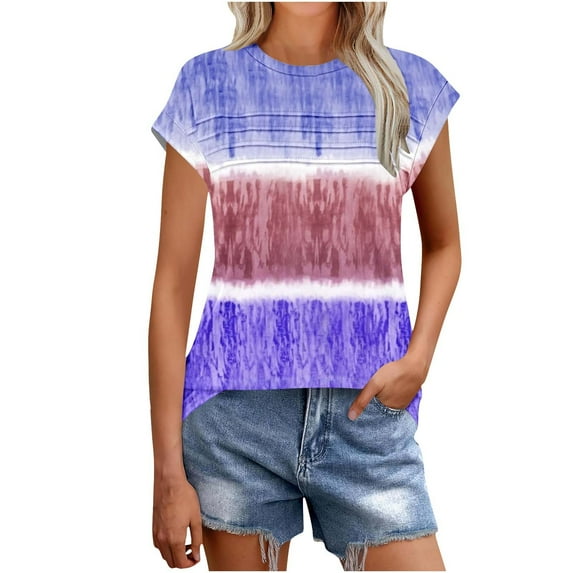 Women's Tops Crew Neck Pleated Cap Sleeve Tie Dye Tunic Shirts Summer Casual Loose Comfortable Tee (XL, Multicolor 7)
