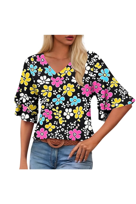 Women's Tops Double-layered Ruffle Short Sleeve Tunic Summer Boho Casual V Neck Tshirts Loose Vacation Blouse Short Sleeve Feminine Blouse