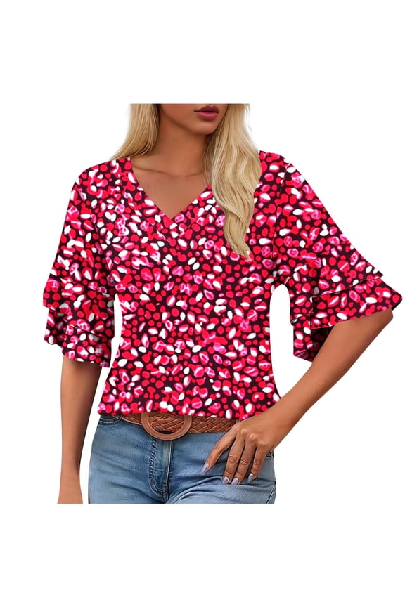 Women's Tops Double-layered Ruffle Short Sleeve Tunic Summer Boho Casual V Neck Tshirts Loose Vacation Blouse Women Layered Ruffle Shirt