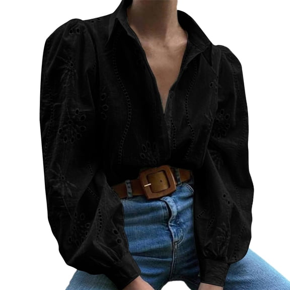 Women's Tops Dressy 2026 Button Down Lapel Shirts Hollowed Out Long Sleeve Work Blouse Floral Formal Outfits