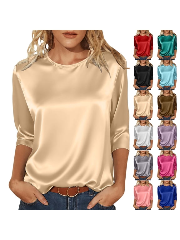 Women's Tops Dressy 2026 Crew Neck Satin Shirts Long Sleeve Formal Tops Office Business Summer Outfits