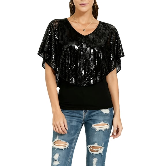 Women's Tops Dressy 2026 Short Sleeve V Neck Sparkly Layers Sequin Blouses Loose Fit Tunic Tops Summer Night Out