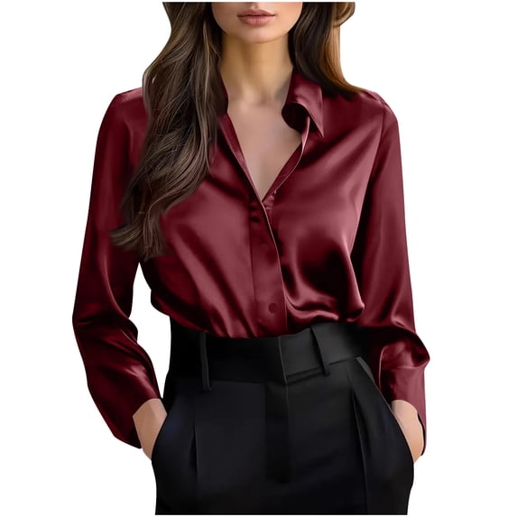 Women's Tops Dressy 2026 Solid Color Button Down Shirts Satin Ice Silk Blouses Long Sleeve Business Casual Tops
