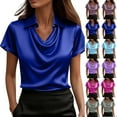 thumbnail image 1 of Women's Tops Dressy 2026 Summer Cowl Neck Shirt Short Sleeve Satin Blouse Business Work Casual Outfits, 1 of 8