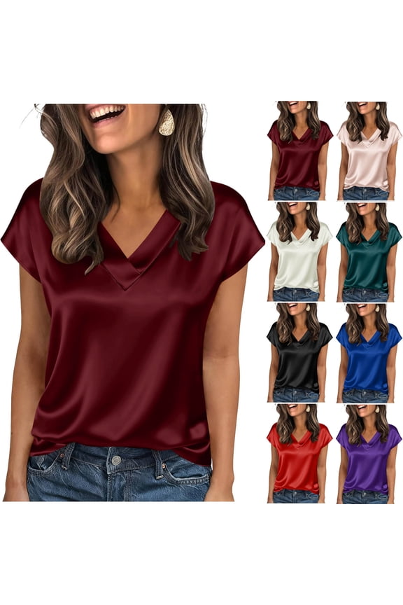 Women's Tops Dressy 2026 V Neck Ice Silk Satin Tops Short Sleeve Work Blouses Spring Summer Shirts Business