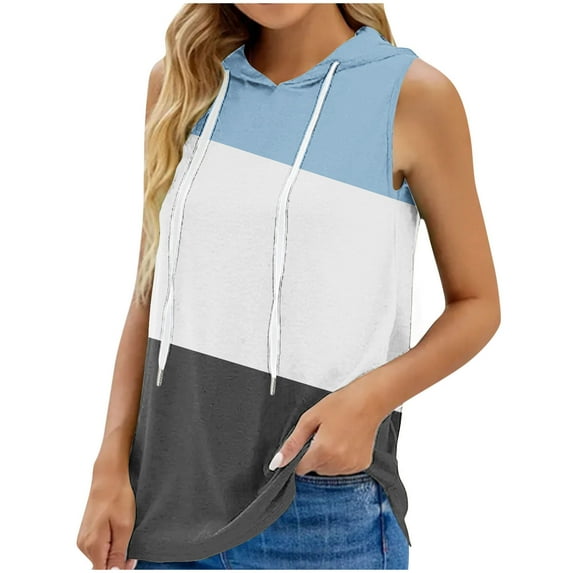 Women's Tops Dressy Casual Elegant Going out Blouse Vintage Solid Color Tank Tops Sleeveless Tunic Tops Loose Fit Flowy Fashion Drawstring Hooded Summer Clothes for Teen Girls Light Blue T Shirts M