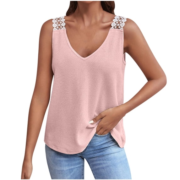 Women's Tops Dressy Casual Elegant Going out Blouse Vintage Summer Clothes for Teen Girls Solid Color Tank Tops Fashion Sleeveless Lace Stitching Tunic Tops Loose Fit Flowy V Neck Pink T Shirts S