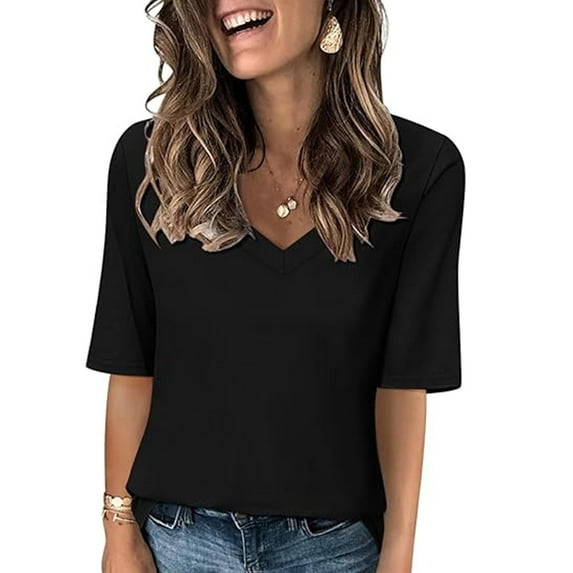 Women's Tops Dressy Casual Spring Elegant Shirts Vintage Fashion 2024 Long Sleeve Tunic Tops for Lady Loose Fit Flowy V Neck Blouse Summer Clothes for Teen Girls Solid Color Black T Shirts L