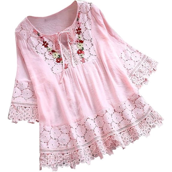 Women's Tops Dressy Casual Spring Summer Blouse Vintage Lace Patchwork Bow V-Neck Eyelet Embroidery Three Quarter Retro Solid Tops T-Shirt