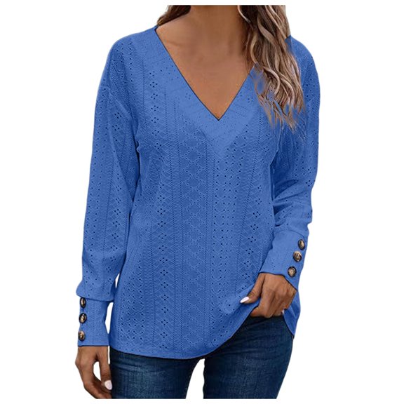 Women's Tops Dressy Casual V Neck Long Sleeve Buttons Hollow Out Lace Embroidered Blouses Shirts Shirt Juniors Women Plain Long Sleeve Shirts Apparel T Shirt Turtle Neck Tee Womens Work Out