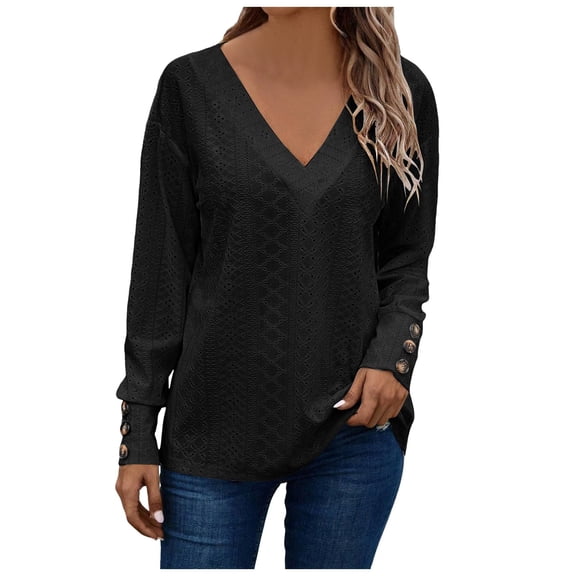 Women's Tops Dressy Casual V Neck Long Sleeve Buttons Hollow Out Lace Embroidered Blouses Shirts