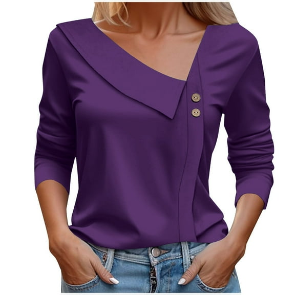 Women's Tops Dressy Casual Vintage Asymmetric Neck Blouse with Button Fashion 2024 Solid Color Summer Clothes for Teen Girls Long Sleeve Tunic Tops for Lady Loose Fit Flowy Purple T Shirts S