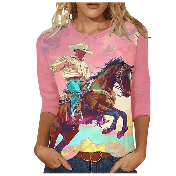 Women's Tops Dressy Casual Vintage Fashion 2024 3/4 Sleeve Tunic Tops for Lady Loose Fit Flowy Crew Neck Blouse 3D Horse Printing Summer Clothes for Teen Girls Spring Elegant Shirts Pink T Shirts L