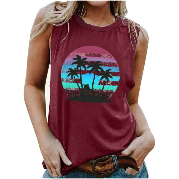Women's Tops Dressy Casual Vintage Fashion 2024 Sleeveless Tunic Tops Loose Fit Flowy Retro Sunset Graphic Tank Tops Elegant Going out Blouse Crew Neck Summer Clothes for Teen Girls Wine T Shirts XXL