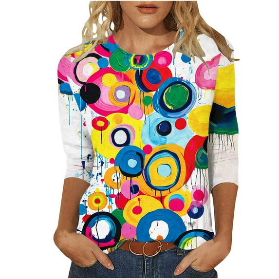 Women's Tops Dressy Casual Vintage Fashion 2024 Summer Clothes for Teen Girls Flora Print Spring Elegant Shirts 3/4 Sleeve Tunic Tops Loose Fit Flowy Round Neck Blouse Multicolor T Shirts XXL