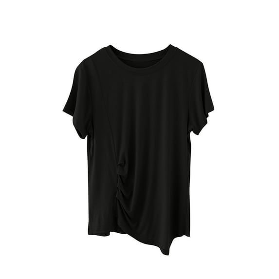 Women's Tops Dressy Casual Vintage Fashion 2024 Summer Clothes for Teen Girls Short Sleeve Tunic Tops for Lady Loose Fit Flowy Solid Color Round Neck Blouse Comfy Casual Shirts Black T Shirts L