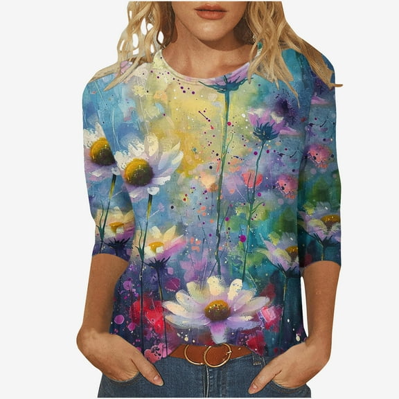 Women's Tops Dressy Casual Vintage Gradient Floral Print Shirts 3/4 Sleeve Tunic Tops Loose Fit Flowy Fashion Summer Clothes Round Neck Blouse Spring Elegant Shirts Light Blue T Shirts XXXXL
