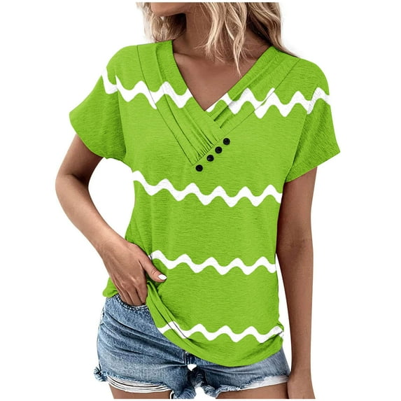 Women's Tops Dressy Casual Vintage Henley Neck Flowy Shirts Striped Color Block 1/4 Button up Blouse Short Sleeve Tunic Tops Loose Fit Flowy Fashion Summer Clothes for Teen Girls Green T Shirts L