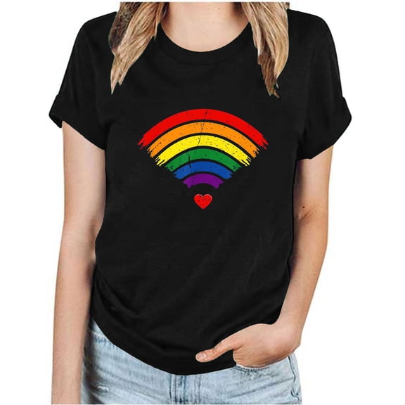Women's Tops Dressy Casual Vintage Rainbow Printing Round Neck Blouse Comfy Casual Shirts Short Sleeve Tunic Tops for Lady Loose Fit Flowy Summer Clothes for Teen Girls Fashion 2024 Black T Shirts M
