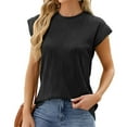 thumbnail image 1 of Women's Tops Dressy Casual Vintage Summer Clothes Round Neck Short Sleeve Lace Stitching Tunic Tops Loose Fit Flowy Elegant Smocked Blouse for Business Workwear Fashion Solid Color Black T Shirts S, 1 of 4