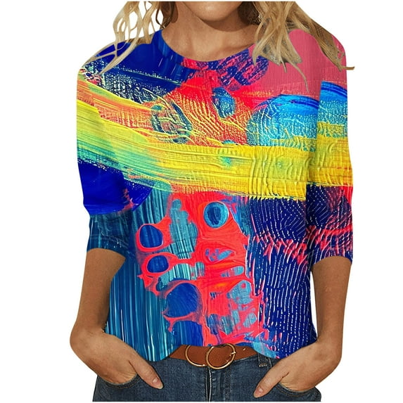 Women's Tops Dressy Casual Vintage Tie Dye Ombre Spring Elegant Shirts 3/4 Sleeve Tunic Tops Loose Fit Flowy Fashion 2024 Summer Clothes for Teen Girls Round Neck Blouse Multicolor T Shirts XL