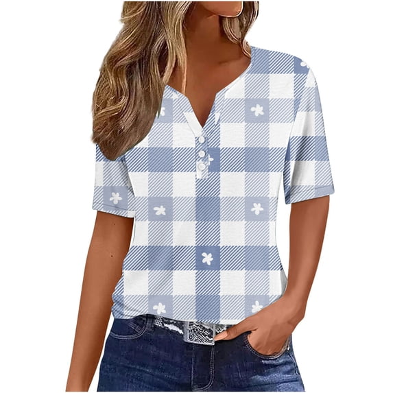Women's Tops Dressy Casual Vintage V Neck Blouse Short Sleeve Tunic Tops for Lady Loose Fit Flowy Fashion 2024 Summer Clothes for Teen Girls Plaid Comfy Casual Shirts White T Shirts L
