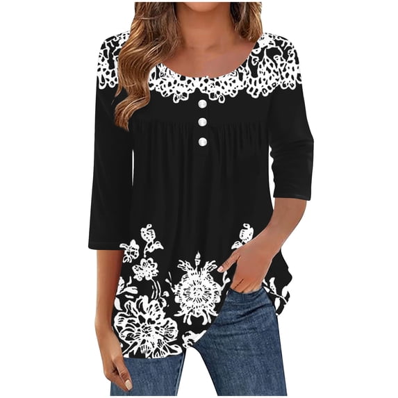 Women's Tops Fashion Casual Printed Round Neck Long Sleeve T-Shirt Button Tops Basic Tees For Women