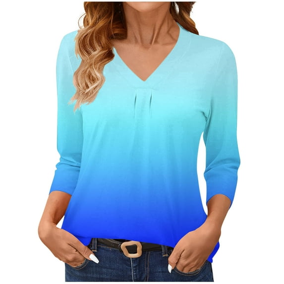 Women's Tops Ladies' Fashionable Solid-Color Gradient Base T-Shirt 3/4 Length Three-Quarter Sleeve V-Neck Top/Shirt