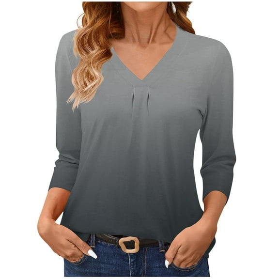 Women's Tops Ladies' Fashionable Solid-Color Gradient Base T-Shirt 3/4 Length Three-Quarter Sleeve V-Neck Top/Shirt