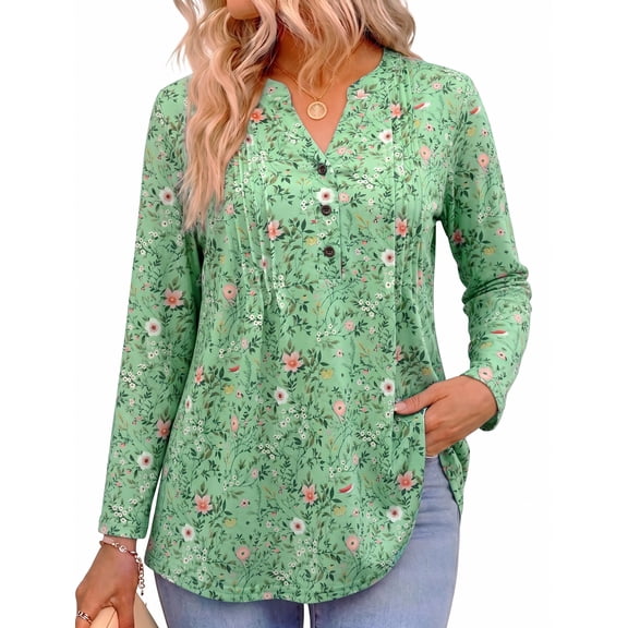 Women's Tops Floral Long Sleeve Tunic Blouse V Neck Button Front Pintuck Shirt