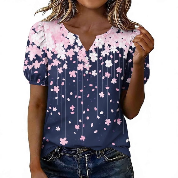 Women's Tops Floral V Neck Short Sleeve Button Shirts Summer Dressy Casual Blouses Plus Size Womens Clothing