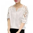 thumbnail image 1 of Women's Tops Lace Crochet V Neck Blouse Shirt Casual Cotton Half Sleeve Shirts Tops Plus Size, 1 of 4
