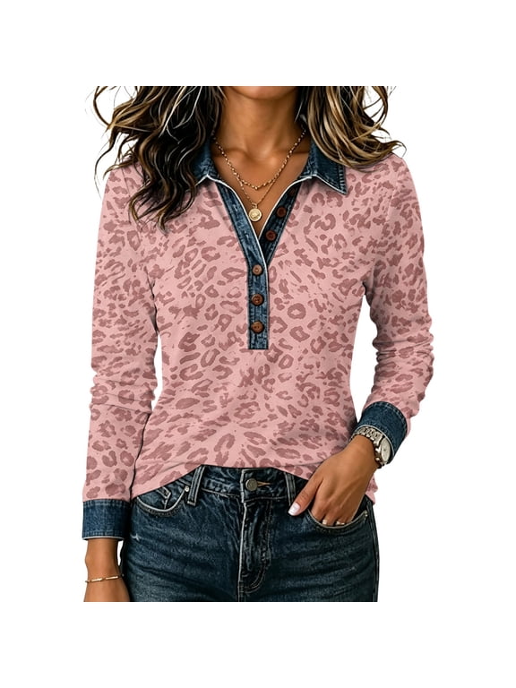 Women's Tops Leopard Print Loose Fit Long Sleeve Denim Fashionable Casual Blouse