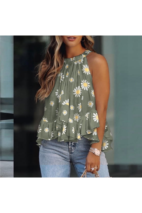 Women's Tops Leopard Print Sleeveless Loose Tank Tops with Ruffle Hem Color Green Size XXL