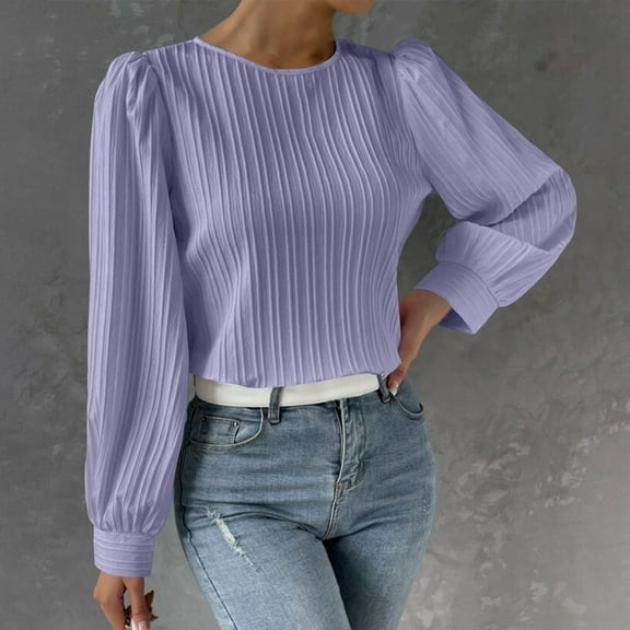 Women's Tops Long Sleeve Under $10 Casual Comfortable Solid Long Sleeve Puff Sleeve Round Neck Blouse Button T-Shirt Top