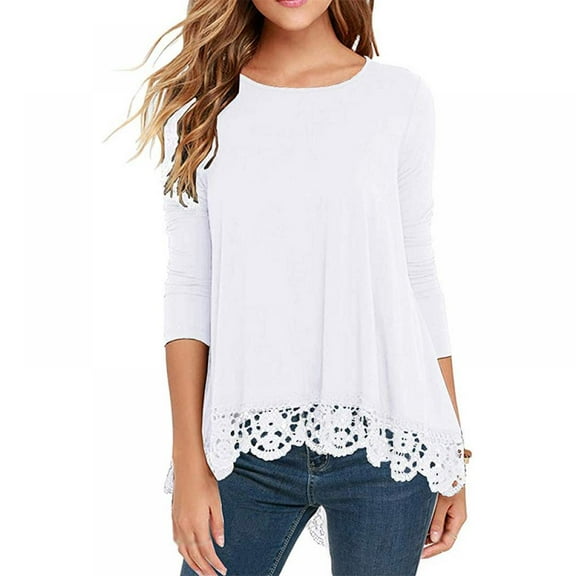 Women's Tops Long Sleeve Lace Trim O-Neck A-Line Tunic Blouse Tops for Women