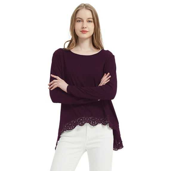 Women's Tops Long Sleeve Lace Trim U-Neck A Line Tunic Blouse