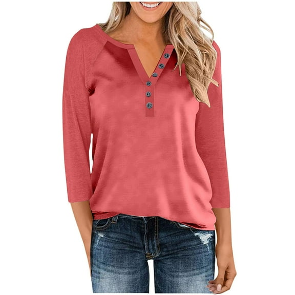 Women's Tops Long Sleeve Plus Size Button V-neck Three Quarter Sleeve 3/4 Sleeve Raglan T-shirt Loose Top
