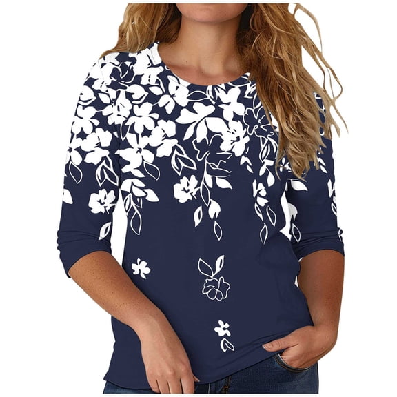 Women's Tops Long Sleeve Plus Size Under $10 Fashion Printed T-shirt 3/4 Sleeves Blouse Round Neck Casual