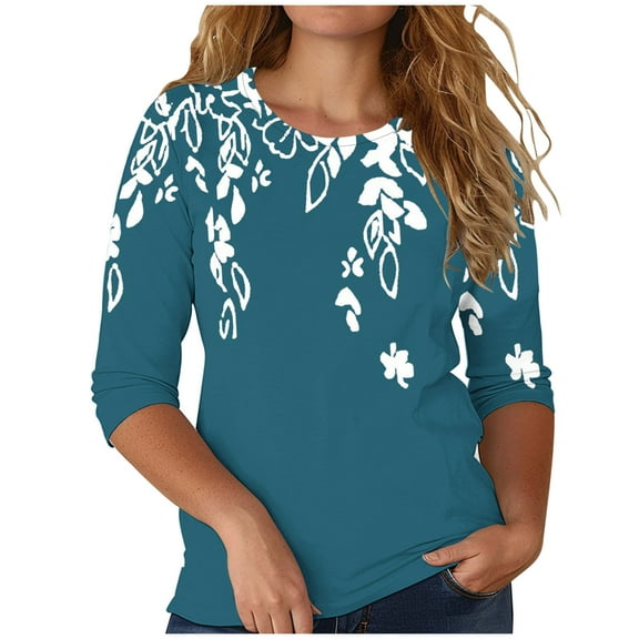 Women's Tops Long Sleeve Plus Size Under $10 Fashion Printed T-shirt 3/4 Sleeves Blouse Round Neck Casual