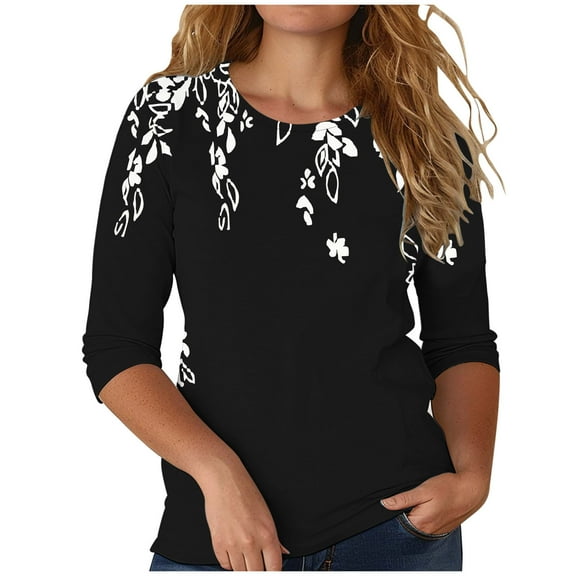 Women's Tops Long Sleeve Plus Size Under $10 Fashion Printed T-shirt 3/4 Sleeves Blouse Round Neck Casual