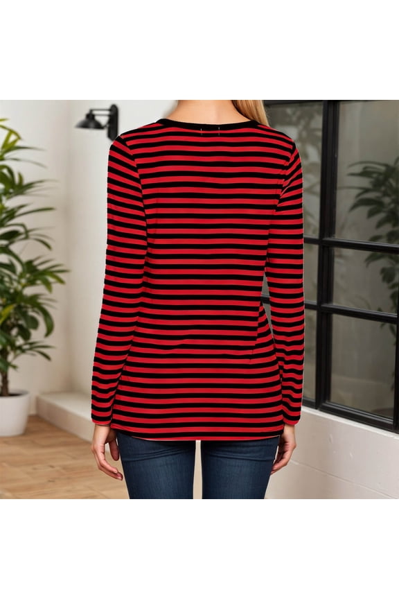 Women's Tops Long Sleeve Striped T-shirt Round Neck Blouses Tops Women Cauasl Basic Tops (Wine S)