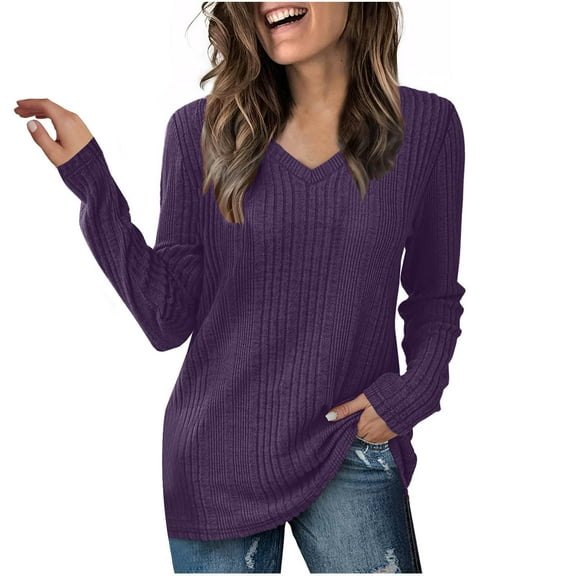 Women's Tops Long Sleeve V Neck Under $10 Casual Comfortable Solid Long Sleeved V-Neck Blouse T-Shirt Top