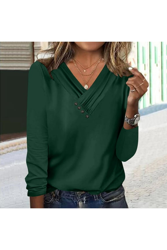 Women's Tops Long Sleeve V Neck Under $10 Summer Casual Botton Regular Blouses