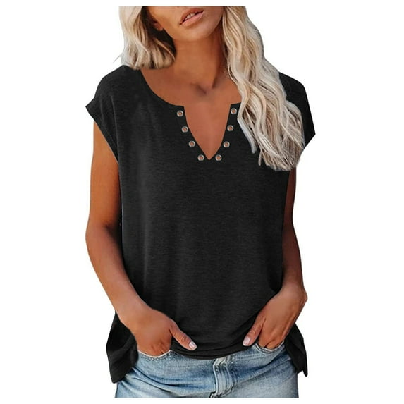 Women's Tops Loose Fit V-neck Short Sleeve T-shirts Summer Casual Plain Shirts Streetwear Blouses